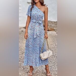 Women Summer Smocked Floral Boho Long One Shoulder Tie Waist Dress size medium